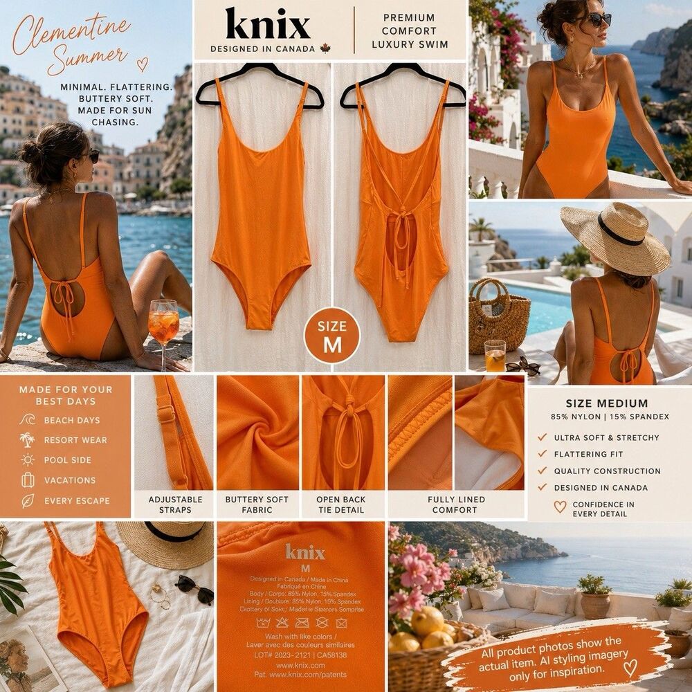 Knix Clementine One Piece Swimsuit M Open Back Tie Soft Resort EUC Luxe EUC Vaca